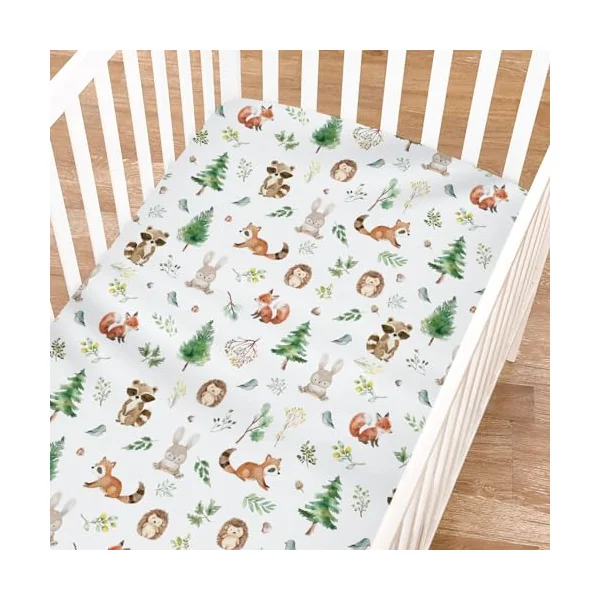 Watercolor Woodland Animals Baby Crib Sheet for Boy Girl 52"x28" Raccoon Hedgehog Squirrel Fox Bunny Bird Forest Soft Breathable Stretchy Baby Bed Sheets for Standard Crib and Toddler Mattress