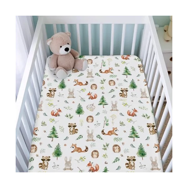 Watercolor Woodland Animals Baby Crib Sheet for Boy Girl 52"x28" Raccoon Hedgehog Squirrel Fox Bunny Bird Forest Soft Breathable Stretchy Baby Bed Sheets for Standard Crib and Toddler Mattress