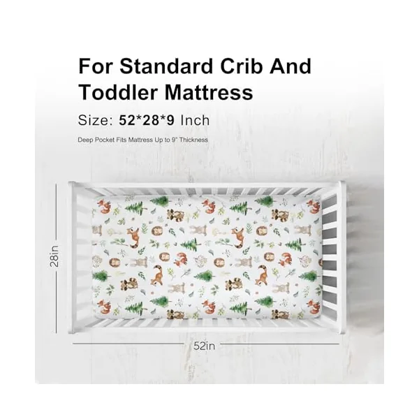Watercolor Woodland Animals Baby Crib Sheet for Boy Girl 52"x28" Raccoon Hedgehog Squirrel Fox Bunny Bird Forest Soft Breathable Stretchy Baby Bed Sheets for Standard Crib and Toddler Mattress