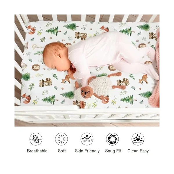 Watercolor Woodland Animals Baby Crib Sheet for Boy Girl 52"x28" Raccoon Hedgehog Squirrel Fox Bunny Bird Forest Soft Breathable Stretchy Baby Bed Sheets for Standard Crib and Toddler Mattress