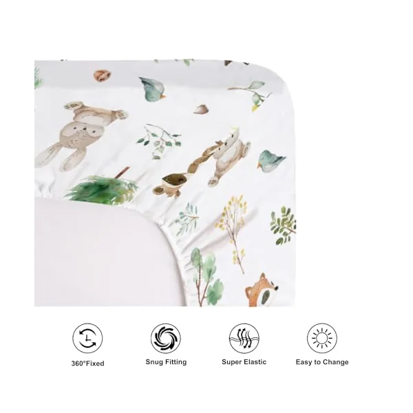 Watercolor Woodland Animals Baby Crib Sheet for Boy Girl 52"x28" Raccoon Hedgehog Squirrel Fox Bunny Bird Forest Soft Breathable Stretchy Baby Bed Sheets for Standard Crib and Toddler Mattress