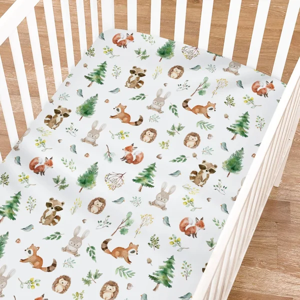 Watercolor Woodland Animals Baby Crib Sheet for Boy Girl 52"x28" Raccoon Hedgehog Squirrel Fox Bunny Bird Forest Soft Breathable Stretchy Baby Bed Sheets for Standard Crib and Toddler Mattress