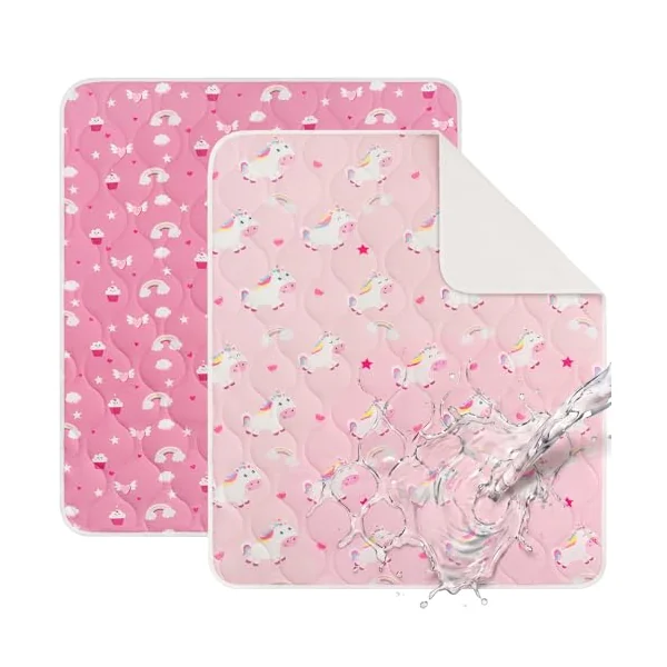 Waterproof Bed Wetting Sheets for Kids, Potty Training Bed Pads | 75x90 cm Bed Pads for Kids, Washable, 2 Pack Bed Wetting Mats, Mattress Protector for Single & Toddler Bed, Pink Unicorn