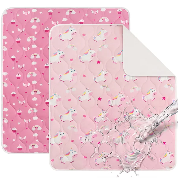 Waterproof Bed Wetting Sheets for Kids, Potty Training Bed Pads | 75x90 cm Bed Pads for Kids, Washable, 2 Pack Bed Wetting Mats, Mattress Protector for Single & Toddler Bed, Pink Unicorn
