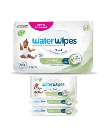 WaterWipes Sensitive+ Baby & Toddler Wipes, 99.9% Water, Unscented, 3 Pack | 3-in-1, cleans, cares & protects, textured clean, hypoallergenic formula, 180 count for everyday use