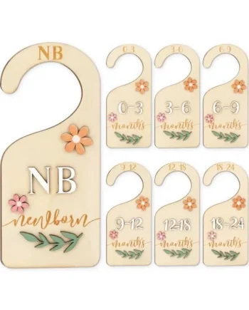 Whaline 7 Pcs 3D Daisy Wood Baby Closet Size Dividers with Pink Velvet Bag Newborn to 24 Month Thicken Infant Wardrobe Hanger Organizers for Home Nursery Party Favors