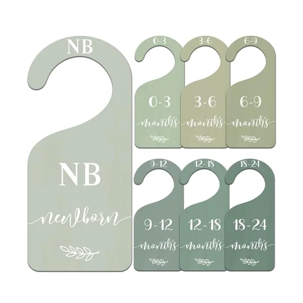 Whaline 7Pcs Green Wooden Baby Closet Size Dividers with Green Velvet Bag Newborn to 24 Month Thicken Infant Wardrobe Hanger Organizers for Home Nursery Supplies