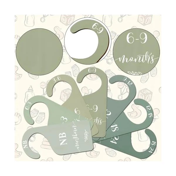 Whaline 7Pcs Green Wooden Baby Closet Size Dividers with Green Velvet Bag Newborn to 24 Month Thicken Infant Wardrobe Hanger Organizers for Home Nursery Supplies