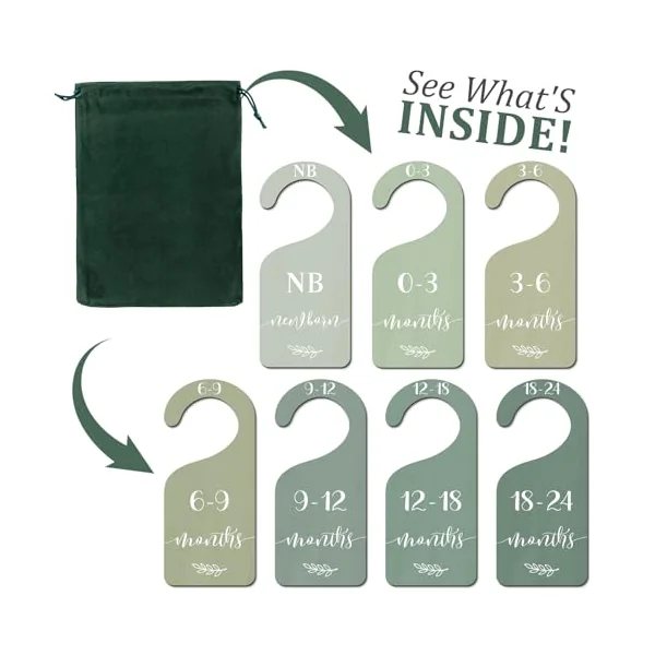 Whaline 7Pcs Green Wooden Baby Closet Size Dividers with Green Velvet Bag Newborn to 24 Month Thicken Infant Wardrobe Hanger Organizers for Home Nursery Supplies