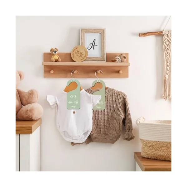 Whaline 7Pcs Green Wooden Baby Closet Size Dividers with Green Velvet Bag Newborn to 24 Month Thicken Infant Wardrobe Hanger Organizers for Home Nursery Supplies