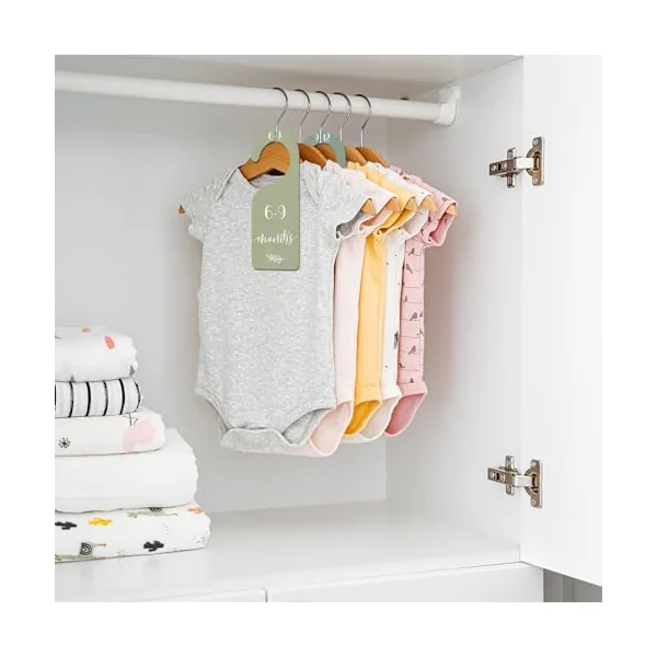 Whaline 7Pcs Green Wooden Baby Closet Size Dividers with Green Velvet Bag Newborn to 24 Month Thicken Infant Wardrobe Hanger Organizers for Home Nursery Supplies
