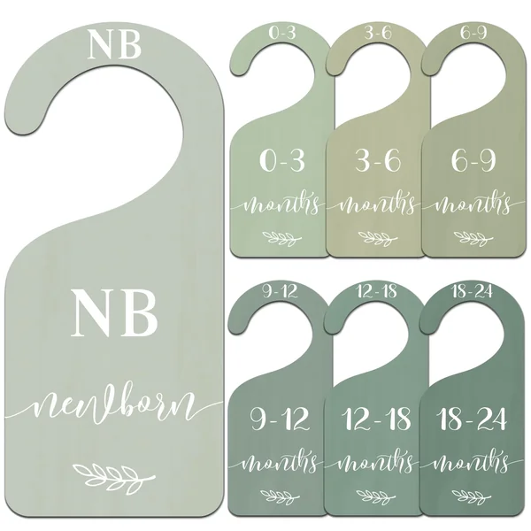 Whaline 7Pcs Green Wooden Baby Closet Size Dividers with Green Velvet Bag Newborn to 24 Month Thicken Infant Wardrobe Hanger Organizers for Home Nursery Supplies