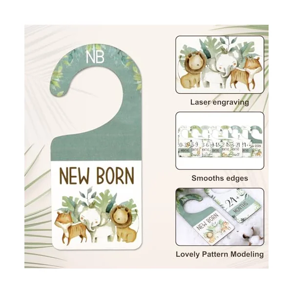 Whaline 8 Pcs Baby Closet Size Dividers Watercolor Jungle Animals Hanging Wooden Baby Closet Organizer Double-Sided Newborn to 24 Months Thicken Babies Wardrobe Organizer