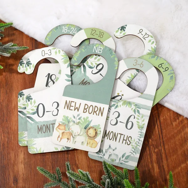 Whaline 8 Pcs Baby Closet Size Dividers Watercolor Jungle Animals Hanging Wooden Baby Closet Organizer Double-Sided Newborn to 24 Months Thicken Babies Wardrobe Organizer