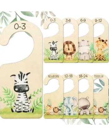 Whaline 8 Pcs Baby Closet Size Dividers Watercolor Safari Animals Hanging Wooden Baby Closet Organizer Newborn to 24 Months Thicken Baby Wardrobe Organizer for Home Nursery Decor