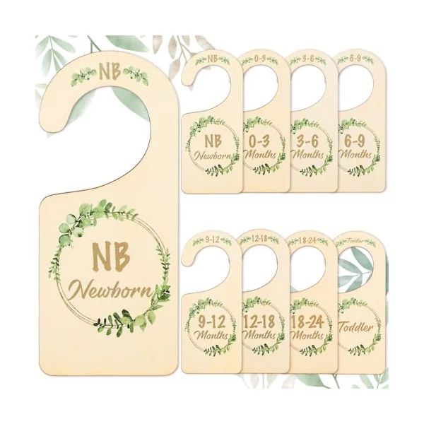 Whaline 8Pcs Wooden Baby Closet Dividers Greenery Theme Hanging Baby Closet Organizer Double-Sided Newborn to 24 Months Thicken Baby Wardrobe Organizer for Home Nursery