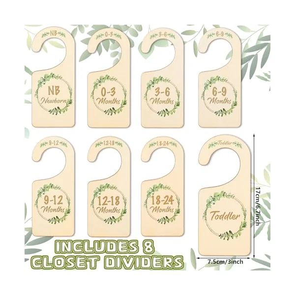 Whaline 8Pcs Wooden Baby Closet Dividers Greenery Theme Hanging Baby Closet Organizer Double-Sided Newborn to 24 Months Thicken Baby Wardrobe Organizer for Home Nursery