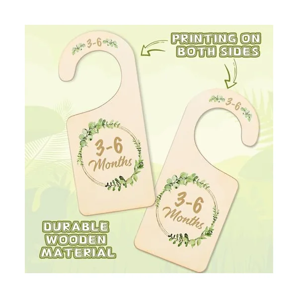 Whaline 8Pcs Wooden Baby Closet Dividers Greenery Theme Hanging Baby Closet Organizer Double-Sided Newborn to 24 Months Thicken Baby Wardrobe Organizer for Home Nursery