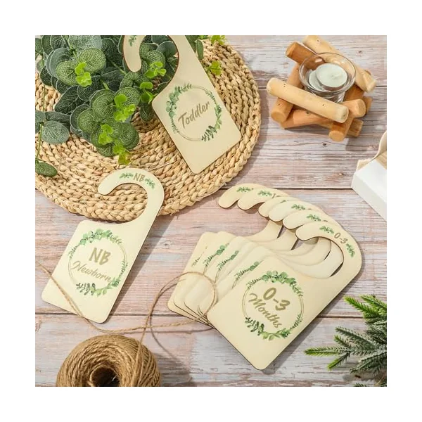 Whaline 8Pcs Wooden Baby Closet Dividers Greenery Theme Hanging Baby Closet Organizer Double-Sided Newborn to 24 Months Thicken Baby Wardrobe Organizer for Home Nursery