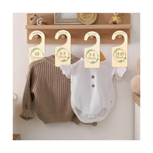 Whaline 8Pcs Wooden Baby Closet Dividers Greenery Theme Hanging Baby Closet Organizer Double-Sided Newborn to 24 Months Thicken Baby Wardrobe Organizer for Home Nursery