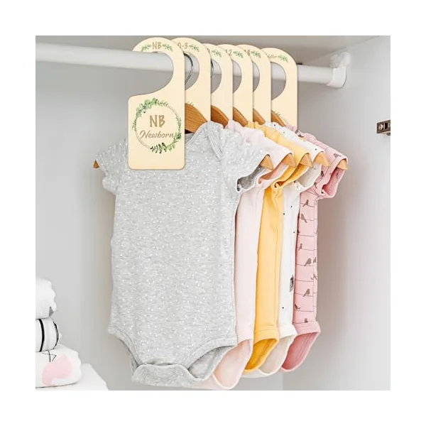 Whaline 8Pcs Wooden Baby Closet Dividers Greenery Theme Hanging Baby Closet Organizer Double-Sided Newborn to 24 Months Thicken Baby Wardrobe Organizer for Home Nursery