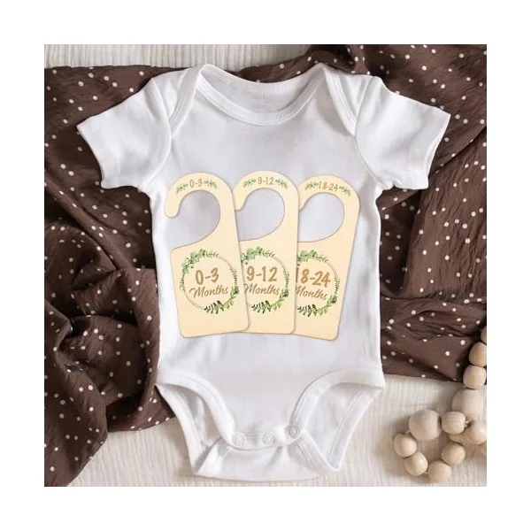 Whaline 8Pcs Wooden Baby Closet Dividers Greenery Theme Hanging Baby Closet Organizer Double-Sided Newborn to 24 Months Thicken Baby Wardrobe Organizer for Home Nursery