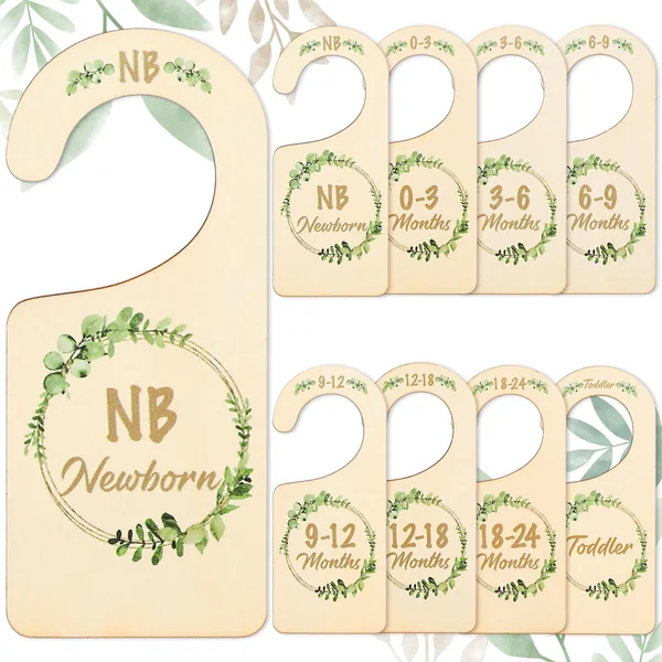 Whaline 8Pcs Wooden Baby Closet Dividers Greenery Theme Hanging Baby Closet Organizer Double-Sided Newborn to 24 Months Thicken Baby Wardrobe Organizer for Home Nursery