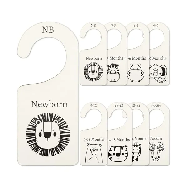 Whaline 8Pcs Wooden Baby Closet Dividers Jungle Animal Theme Hanging Baby Closet Organizer Double-Sided Newborn to 24 Months Thicken Baby Wardrobe Organizer for Home Nursery