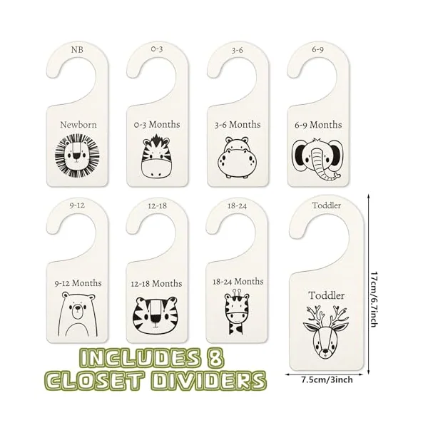 Whaline 8Pcs Wooden Baby Closet Dividers Jungle Animal Theme Hanging Baby Closet Organizer Double-Sided Newborn to 24 Months Thicken Baby Wardrobe Organizer for Home Nursery