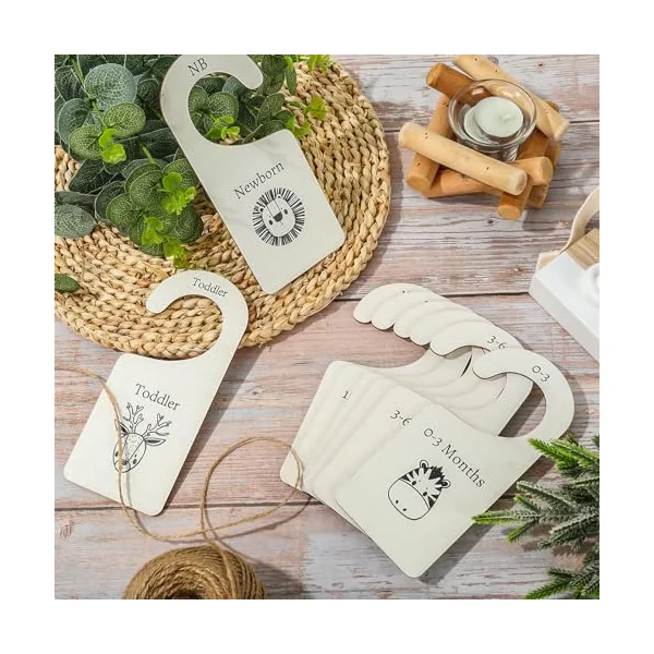 Whaline 8Pcs Wooden Baby Closet Dividers Jungle Animal Theme Hanging Baby Closet Organizer Double-Sided Newborn to 24 Months Thicken Baby Wardrobe Organizer for Home Nursery