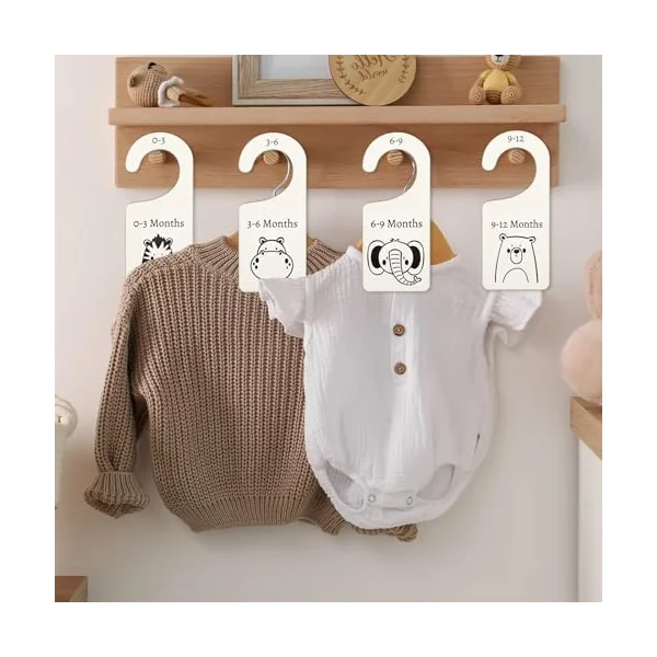 Whaline 8Pcs Wooden Baby Closet Dividers Jungle Animal Theme Hanging Baby Closet Organizer Double-Sided Newborn to 24 Months Thicken Baby Wardrobe Organizer for Home Nursery