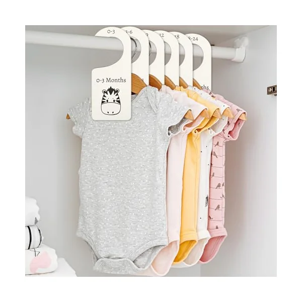 Whaline 8Pcs Wooden Baby Closet Dividers Jungle Animal Theme Hanging Baby Closet Organizer Double-Sided Newborn to 24 Months Thicken Baby Wardrobe Organizer for Home Nursery