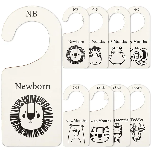 Whaline 8Pcs Wooden Baby Closet Dividers Jungle Animal Theme Hanging Baby Closet Organizer Double-Sided Newborn to 24 Months Thicken Baby Wardrobe Organizer for Home Nursery