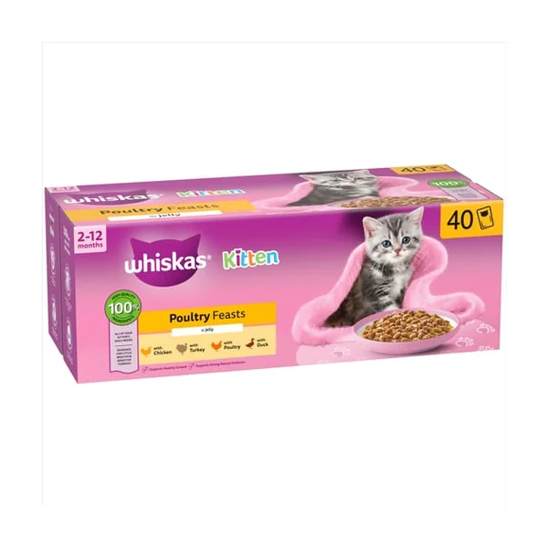 Whiskas Kitten Poultry Feasts Wet Cat Food Pouches in Jelly 40 x 85g