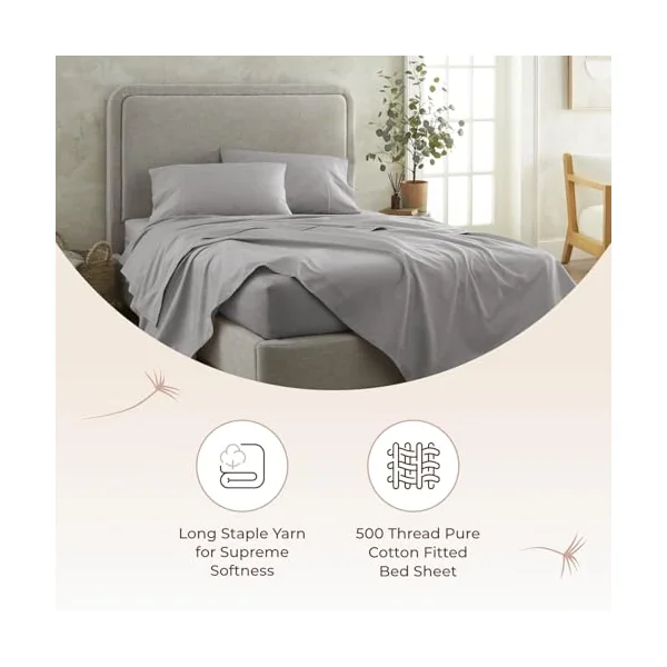 Whisper Organics Fitted Sheet - 100% Organic Cotton Bed Sheet - 500 Thread Count Sateen Weave - GOTS Certified, Color Grey (Full Size)