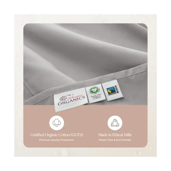 Whisper Organics Fitted Sheet - 100% Organic Cotton Bed Sheet - 500 Thread Count Sateen Weave - GOTS Certified, Color Grey (Full Size)