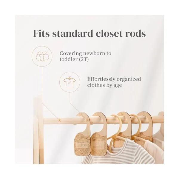 Whitluck's Wooden Baby Closet Dividers - 8-Pack Double-Sided Hangers for Organizing Baby Clothes from Newborn to 24 Months (Infant to Toddler) - Cute and Functional Nursery Decor for Boys and Girls