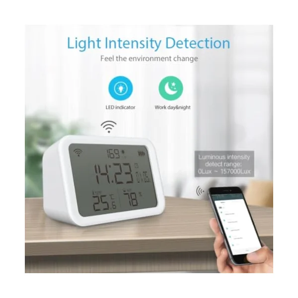 WiFi Thermometer Hygrometer for Tuya for Smart Life App - 4-in-1 Temp Humidity Light Sensor with LCD Display - Baby Room Monitor