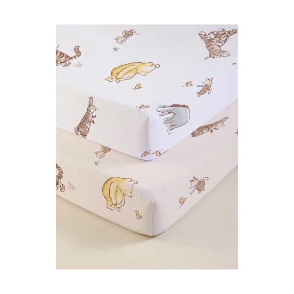 Winnie the Pooh Cot Bed Fitted Sheets 2 Pack, Soft Breathable Toddler Bed Sheets, Cotton Rich Nursery Bedding, Fits Standard Cot Bed Mattress 70 x 140cm