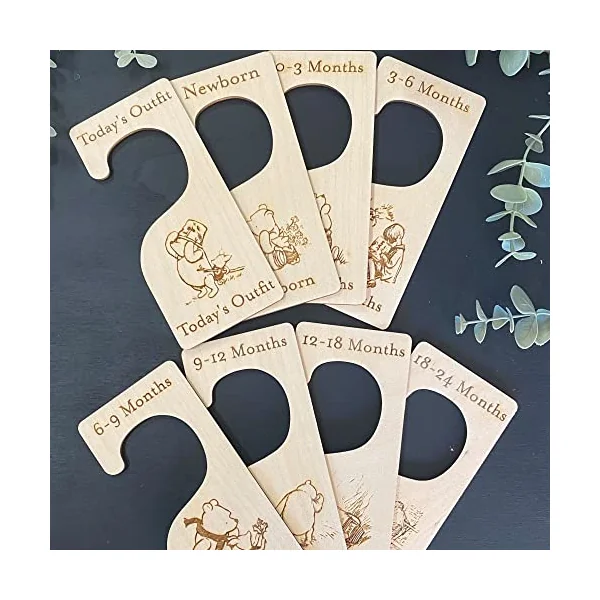 Winnie the Pooh Wooden Baby Clothes Hanger Dividers | Perfect personalised newborn gift or baby shower keepsake, creating treasured memories for new parents.