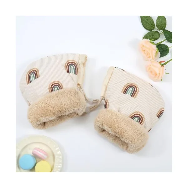Winter Stroller Gloves Warm Plush Lined Hand Muff | Anti-Freeze Pram Gloves Rainbow Pattern for Cold Weather Outdoor Pushchair Pram Bike Handlebar
