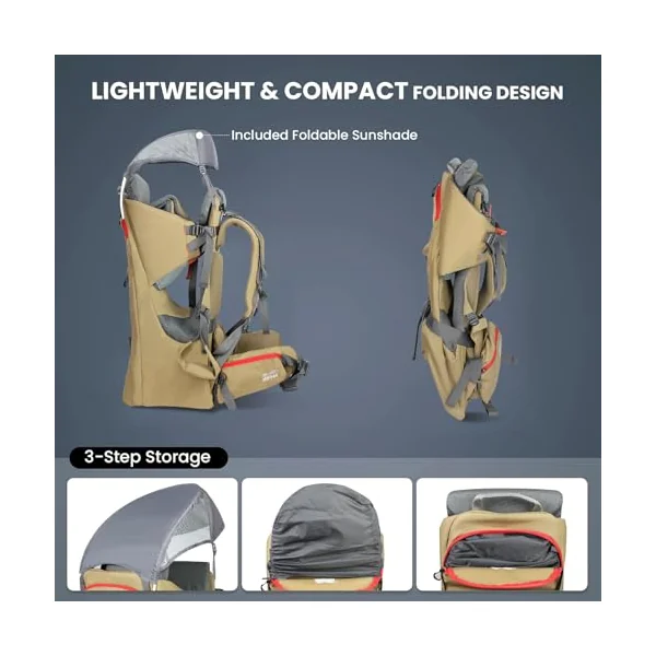WIPHA Lightweight Baby Carrier Backpack - Adjustable & Ergonomic Hiking Child Carrier with Sunshade, Insulated Pocket, Comfortable for Toddlers & Parents (Sand)