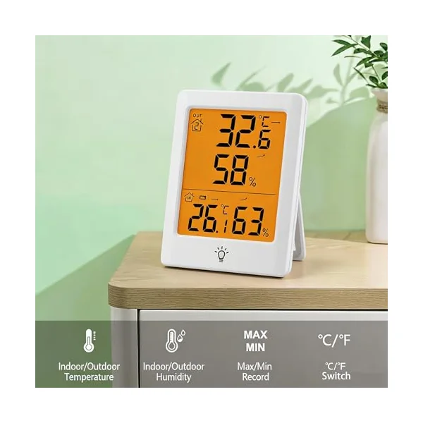 Wireless Thermometer Hygrometer Indoor Outdoor, Digital Temperature Humidity Monitor with Waterproof Sensor, LCD Backlight Max/Min Record, °C/°F Switchable, 100m Range for Home Garden Greenhouse