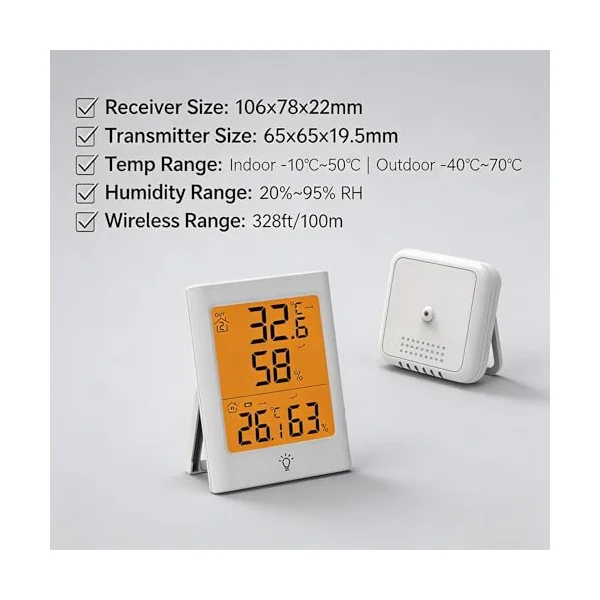 Wireless Thermometer Hygrometer Indoor Outdoor, Digital Temperature Humidity Monitor with Waterproof Sensor, LCD Backlight Max/Min Record, °C/°F Switchable, 100m Range for Home Garden Greenhouse