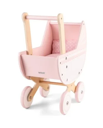 Woet® Pink Wooden Doll Pram with Bedding, Fits Dolls up to 38 cm | Baby Doll Pram, Wooden Toy Doll Stroller, Duvet & Pillow Included, Rubber-Rimmed Wheels, Caring Role Play, Age 3 Years+