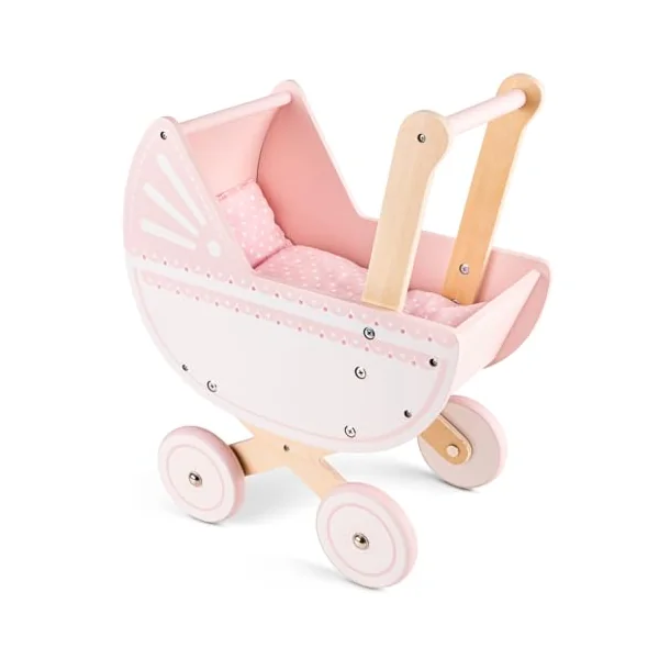 Woet® Pink Wooden Doll Pram with Bedding, Fits Dolls up to 38 cm | Baby Doll Pram, Wooden Toy Doll Stroller, Duvet & Pillow Included, Rubber-Rimmed Wheels, Caring Role Play, Age 3 Years+