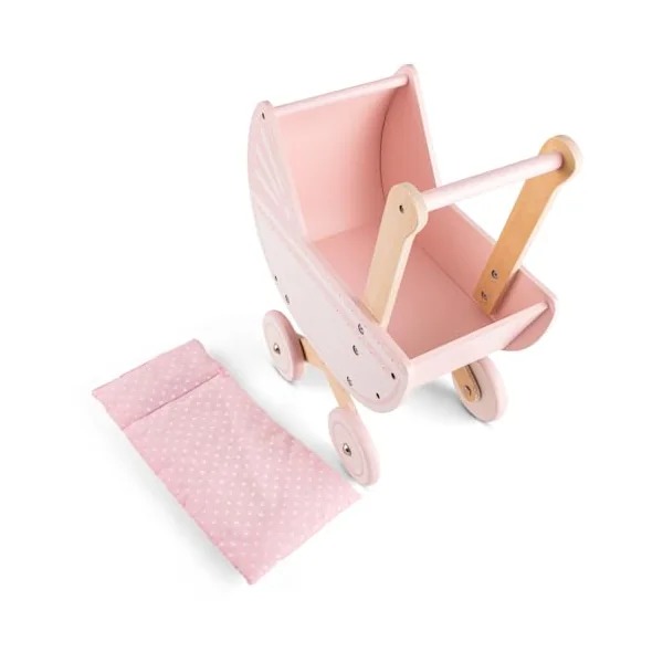 Woet® Pink Wooden Doll Pram with Bedding, Fits Dolls up to 38 cm | Baby Doll Pram, Wooden Toy Doll Stroller, Duvet & Pillow Included, Rubber-Rimmed Wheels, Caring Role Play, Age 3 Years+