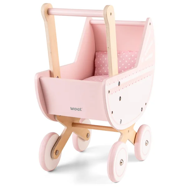 Woet® Pink Wooden Doll Pram with Bedding, Fits Dolls up to 38 cm | Baby Doll Pram, Wooden Toy Doll Stroller, Duvet & Pillow Included, Rubber-Rimmed Wheels, Caring Role Play, Age 3 Years+