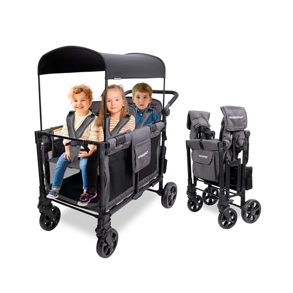 WONDERFOLD W4 Elite Pro Stroller Wagon (4 Seater) - Collapsible Wagon Stroller with Seats with 5-Point Harnesses, Adjustable Push Handle, and Adjustable Sun Canopy, Charcoal Gray