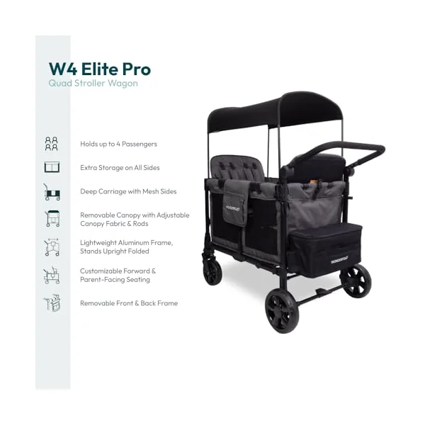 WONDERFOLD W4 Elite Pro Stroller Wagon (4 Seater) - Collapsible Wagon Stroller with Seats with 5-Point Harnesses, Adjustable Push Handle, and Adjustable Sun Canopy, Charcoal Gray